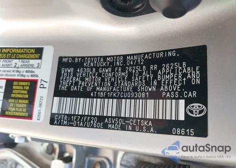 2012 Toyota Camry Se z USA, uszkodzony, nr VIN 4T1BF1FK7CU093081